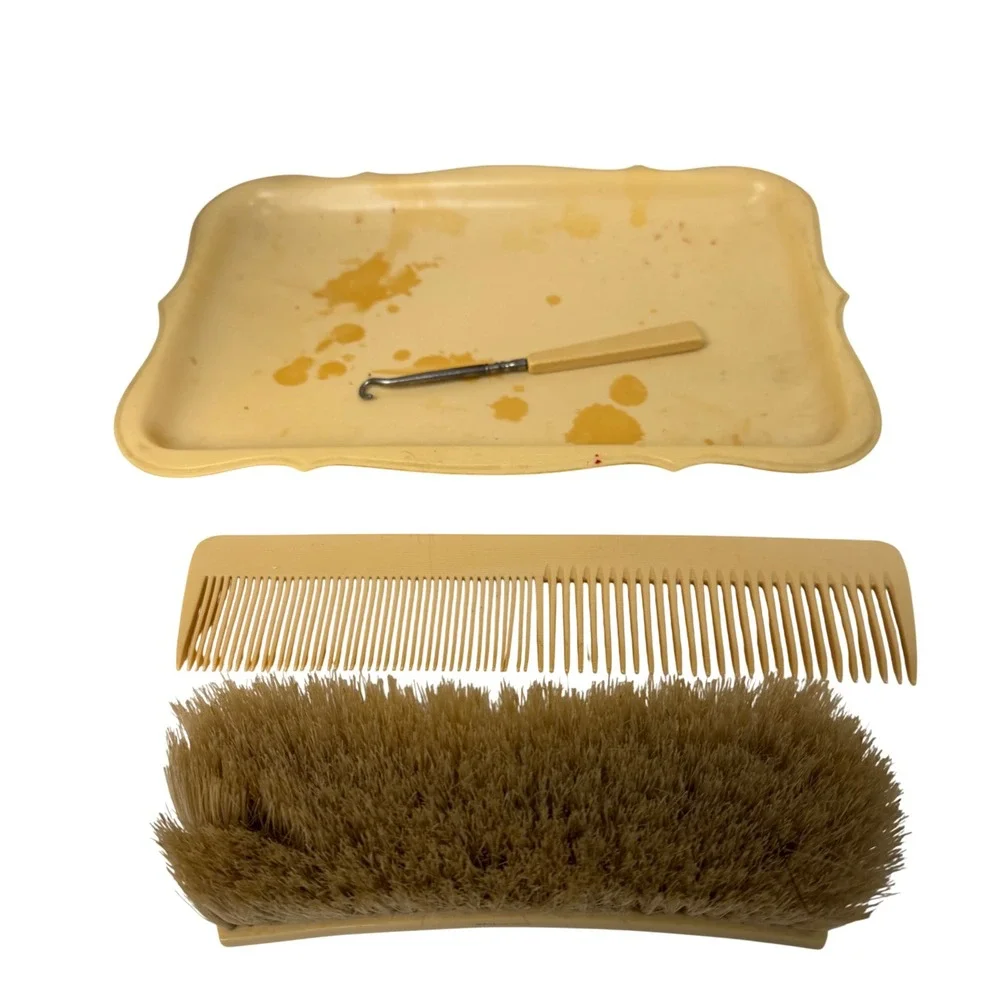 Antique Bakelite Comb Brush Button Hook Vanity Set Tray Celluloid
